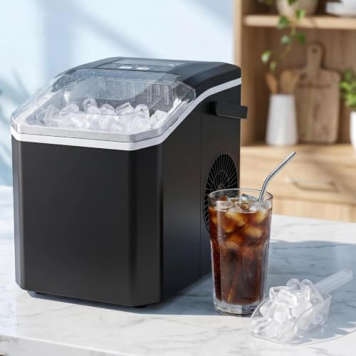 Ice Maker Machine Countertop, with Ice Basket & Scoop, 9 Bullet Cubes in 7-8 Mins, 12kg/Day, Two Ice Sizes, Self-Cleaning & Smart Control, Portable Ice Maker with Handle, for Home Kitchen Office RV