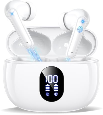 ZZU Wireless In Ear Earbuds(Hi-Fi Stereo, ENC Call)(48H Playtime LED Display)(Bluetooth 5.4 Stable Signal)(Lightweight Fit, Touch Control)(IPX7 Waterproof) for Sports Travel Office iOS Android, White