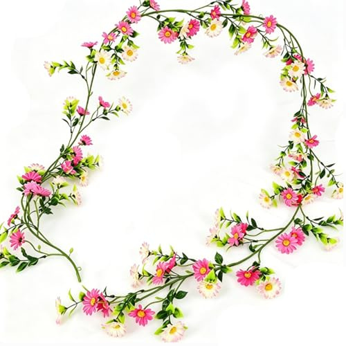 210cm Artificial Daisy Garland, Deep Pink Hanging Flower Vine with Leaves