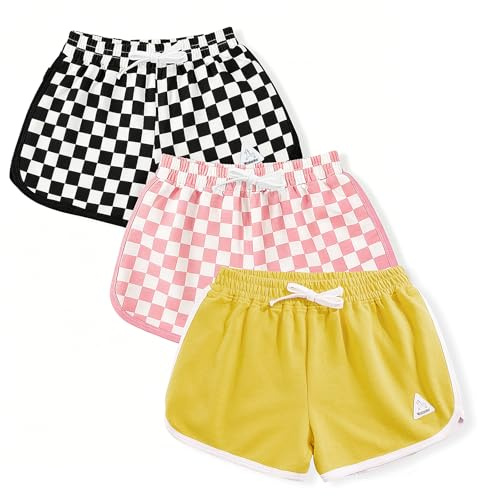 Rolanko sportshorts för flickor, bomull sommar kontrastbindande delfin korta byxor, barn atletisk gymkläder för löpning och dans, 3 paket, Svart rosa gul, 8-9 År