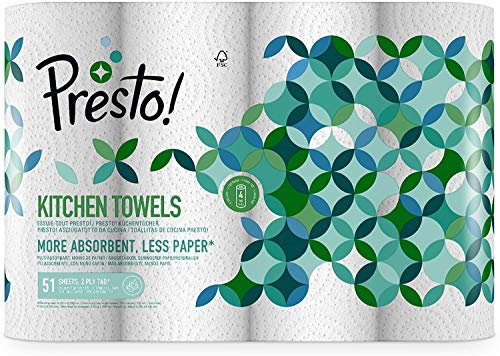 Amazon Brand - Presto! TAD Kitchen Roll, Extra Absorbent, 51 Sheets per Roll, 4 Count (Pack of 1), Wring and Reuse, FSC Certified, White