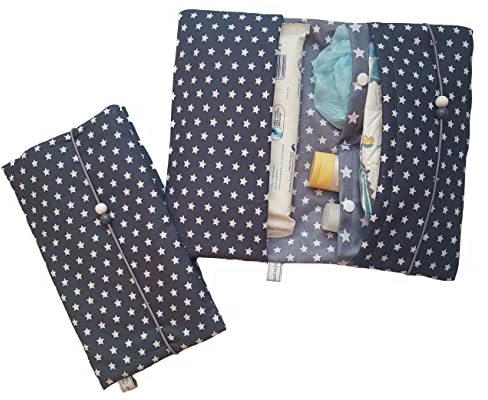 die-kreative-fee Handmade Windeltasche Stoff 4 Fächer Windelorganizer | mit Elastikkordel, geöffnet ca. 33x27 cm, ideal für unterwegs, graue Sterne, Pünktchen, Herzen