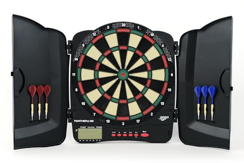 Carromco Dartscheibe elektronisch Striker-401 – Softdartboard mit 2-Loch-Abstand, rot-blau, für 1–8 Spieler, inkl. Netzteil, 6 Softdarts, 34 Spiele & 584 Spielvarianten (inkl. Cricket)
