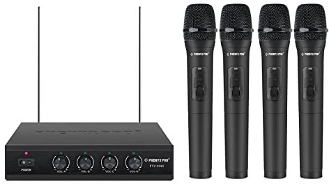 Phenyx Pro Système de Micro sans Fil, micros sans Fil VHF 4 canaux, avec 4 Microphones dynamiques Portables, récepteur en métal, Longue portée, Microphone pour Chanter, karaoké (PTV-2000A)