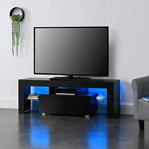 [en.casa] Mobile Porta TV con Illuminazione LED RGB con 2 Ripiani Mensole in Vetro e Scomparti Stand TV Multimediale con Luci e Cassetto 130 x 35 x 45 cm - Nero