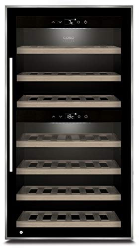 Caso WineComfort 66 black | Weinkühlschrank für 66 Flaschen | 2 Zonen auf 5-20°C einstellbar, Touch, LED beleuchtet freistehend, UV-Filterglas, Schwarz