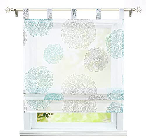 ESLIR Raffrollo mit Schlaufen Raffgardinen Transparent Küche Gardinen Landhausstil Schlaufenrollo Voile mit Jahresring Muster Weiß BxH 140x140cm 1 Stück
