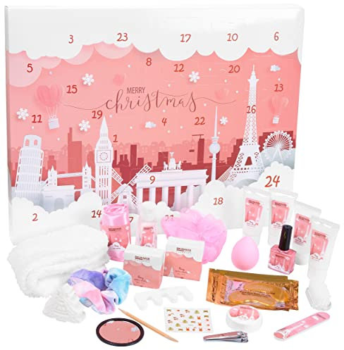 BRUBAKER Cosmetics Beauty Adventskalender 2025 - der XXL Wellness Weihnachtskalender für Frauen und Mädchen - 24 x Körperpflege Produkte & Spa Accessoires - Städte Wahrzeichen Rosa
