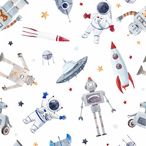decomonkey Fototapete selbstklebend Kinder Kinderzimmer Tapetenrolle 10 m Tapete Vliestapete Deko Panel Modern Design Wanddeko Wandtapete | Beige Kosmos Abstrakt Robot Rakete