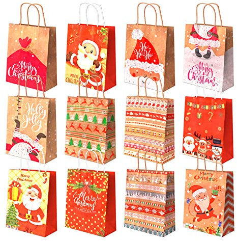 Geschenktüten Weihnachten 12 Stück GROSS Weihnachtstüten Papiertüten Geschenktasche Weihnachtstaschen Papiertasche mit Henkel Griff Kraftpapier Tasche Beutel Weihnachtsgeschenktüten (21 x 27 x 11 cm)