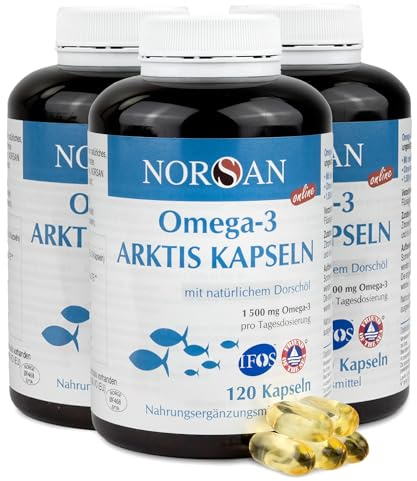 NORSAN Premium ARKTIS Kapseln - 1.500 mg Omega 3 hochdosiert - 3x120 Stück | 483 mg EPA & 720mg DHA pro Portion aus Doschöl - Fischöl aus nachhaltigem Wildfang - Omega-3 Öl gereinigt von Schadstoffen
