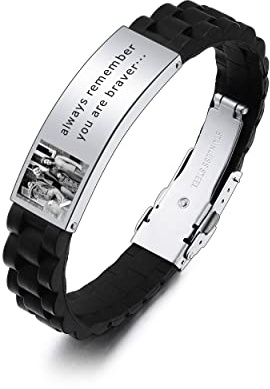 INBLUE Einstellbar Edelstahl Silikon Personalisiertes Armband Customized Carving Foto & Text Armband Schmuck Geschenke für Männer Boyfriend Ehemann Bruder Vater - Schwarz&Silber