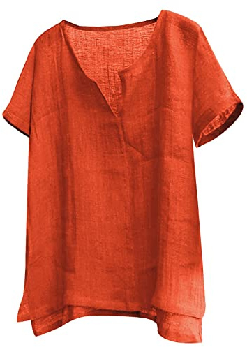 Chemise d'été en lin pour homme - Grande taille - Col en V - Manches courtes - Couleur unie - Basic - Coupe ample - Lin - Yoga - Chemise d'été pêcheur, Orange-2., 3XL