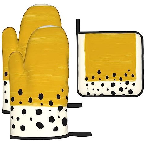 Senfgelb und schwarz Ofenhandschuhe und Topflappen Set Hitzebeständige Ofenhandschuhe und Topflappen BBQ Handschuhe Hot Pads Kochhandschuhe für Küche Backen Grillen 3-teiliges Set