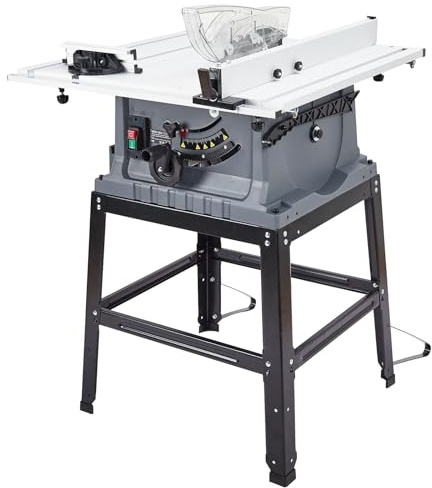 Table Saw, Towallmark 10 Inch 15A Multifunctional Saw with Stand & Push Stick, 90° Cross Cut & 0-45° Bevel Cut, 5000RPM, Adjustable Blade Height for Woodworking