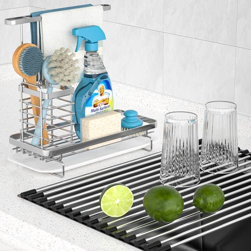 Cibert Edelstahl Spülbecken Organizer Set mit Schwammhalter Küche und Faltbare Spülbecken Abtropfgestell Geschirr, Spültuchhalter, Küche Organizer für Schwamm, Bürste, Spülbeckenstopfen und Lappen