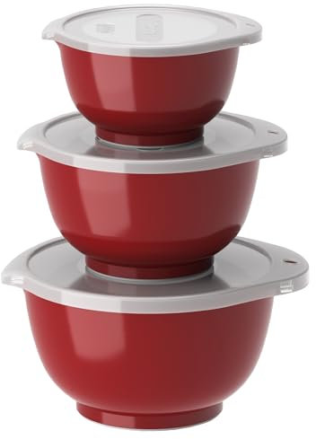Rosti Margrethe Schüssel Set, Rührschüssel Set, 6-Teilig mit 3 Rührschüsseln und 3 Deckel, aus Recycelbarem Kunststoff, 0,25 Liter, 0,5 Liter und 0,75 Liter, Rot