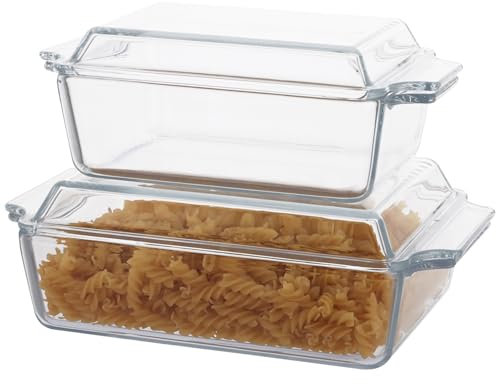WOPPLXY 2 PCS Rectangle Casserole Dishes with Lid, 1L & 1.5L Transparent Individual Lasagne Dishes, Glass Casserole Dishes Oven Proof, Cookware