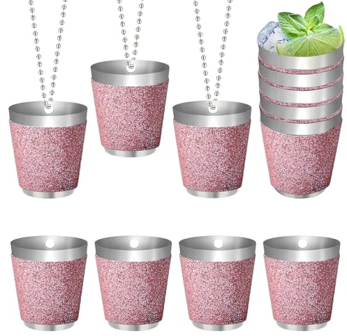 NEOVSUNY 12 vasos de chupito de acero inoxidable con cadena, 30 ml, reutilizables, vasos de chupito, para fiestas, color rosa, vasos de metal para colgar para bodas, carnaval, cata de vino, fiesta