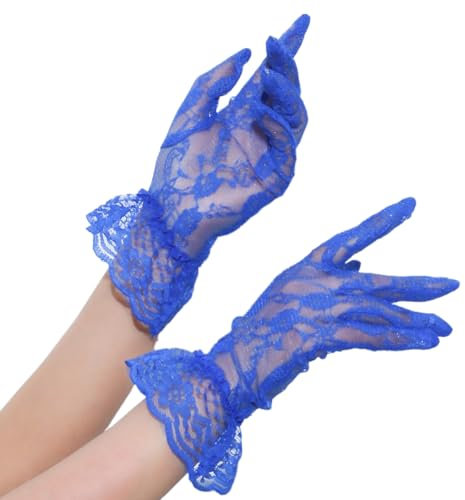 Wambere 1 Paar Damen Spitzen Kurze Handschuhe Brauthandschuhe Vintage Spitzenhandschuhe Sommer Sonnenschutz Lace Gloves Abendessenhandschuhe Für Hochzeit Party Cosplay Opernball Teeparty,Blau