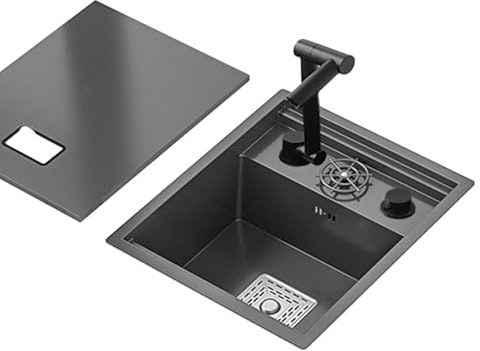 Black Single Bowl Kitchen Bar Space-Saving Invisible Sink RV Single Bowl Sink with Cover Small Embedded Siphon Sink Stainless Steel Multi-Function Faucet(3)