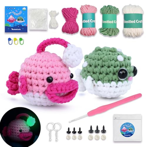 NestledCrafts Häkelset, Komplettes Häkelsets für Anfänger Erwachsene, Strickset, Weiches Garn, Geschenk zum Geburtstag, Inklusive Schritt-für-Schritt Videoanleitung, Anleitung(AnglerPuff)