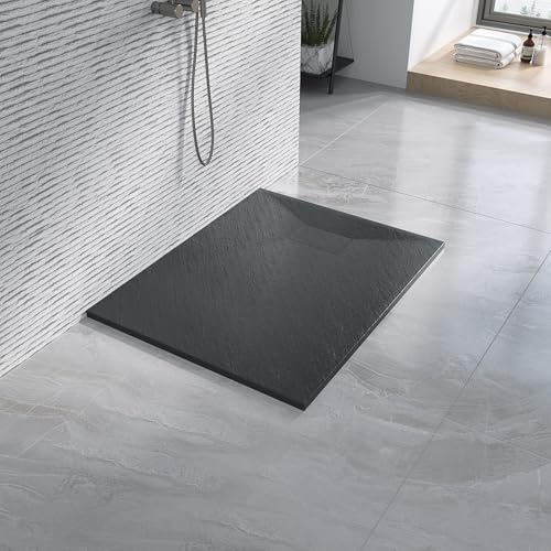 Duschtasse 100x80 cm Duschwanne schwarz flach ebenerdig Steinoptik Anti-Rutsch Zuschneidbar ohne Siphon und Ablaufgarnitur