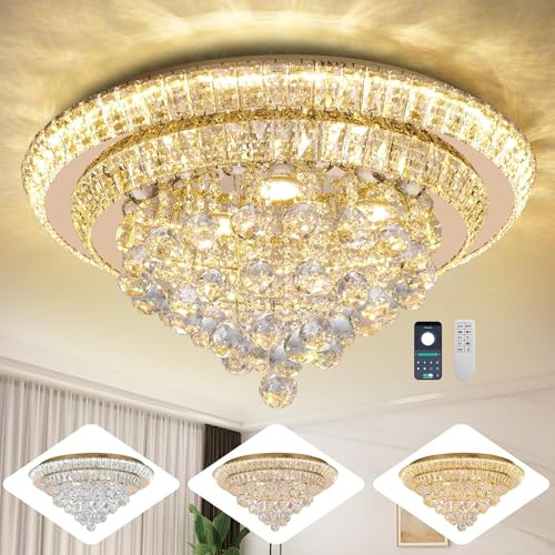 Miuyhji Large LED Crystal Raindrop Ceiling Light,Rose Gold, 24 Elegant Semi Flush Mount Chandelier Light Fixture with Remote Control for Living Room Kitchen Bedroom Hallway Entryway Foyer(Dimmable)