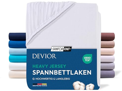 Devior Heavy Jersey Spannbettlaken 180x200cm - 200x200cm, 100% Baumwolle, Split Topper bis 10cm, Weiß – 160 g/m² Anti-Statisches, atmungsaktives Bettlaken mit Einlaufschutz, Matratzenbezug