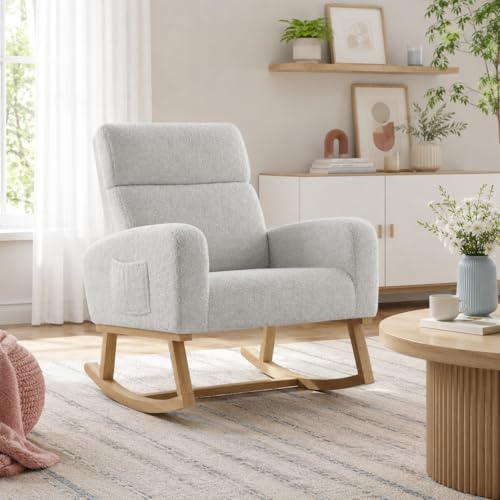 BRILVERDE Sedia a Dondolo, Poltrona Dondolo con Tasche Laterali Gambe in Legno massello, Allattamento al Seno, Sedia per Il Tempo Libero, Adatta per Soggiorno e Camera da Letto (Grigio Chiaro)