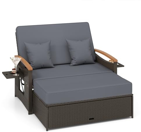 RELAX4LIFE Outdoor Rattan Daybed, Wicker Sun Bed Lounger with 4-Level Adjustable Backrest, Retractable Tray, Storage Ottoman & Cushions, Garden Loveseat for Yard Porch Poolside (Grey)