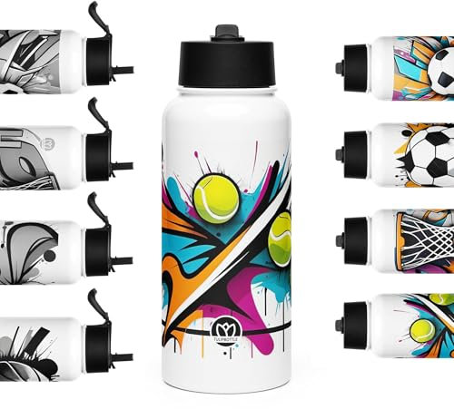 Genérico Botella Térmica Personalizada 950 ml – Termo de Acero Inoxidable con Pajita – Reutilizable y Sin BPA – Para Deporte, Oficina o Regalo – Diseño Tenis multicolor Serie Sport