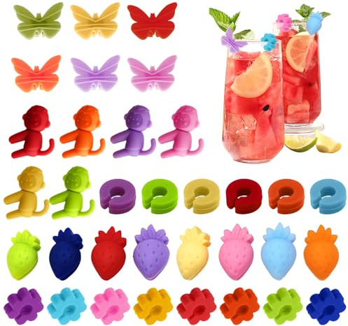 Colorich 34 Stück Glasmarkierer Silikon, Glas Markierung Trinkgläser, Gläser Markieren Party, Glasmarker Silikon Getränke Markierer für Weingläser, Sektgläser, GeträNkegläSer, Martinigläser usw