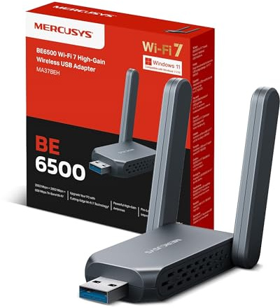 MERCUSYS MA37BEH BE6500 USB WiFi 7 Dongle For PC, Tri Band WiFi Adapter,High Gain Antennas,Wide Coverage,USB 3.0,Encryption Security,MU-MIMO,Internal Driver,Plug and Play,Compatible with Windows 11