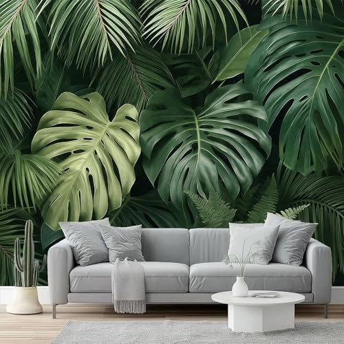 Papier Peint Panoramique Tropical Monstera Forêt Tropicale 3D Intissé – Poster Mural Géant Pour Salon, Chambre, Bureau, – Vert Vert Foncé Tapisserie Murale Moderne Personnalisée 250 X 175 Cm