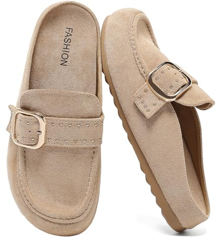 youermei Women's Suede Clogs with Back Strap Cork Footbed Mules Clogs for Women Comfort Memory Foam Slingback Clog Sandals with Adjustable Buckle Slip on Potato Shoes Beige