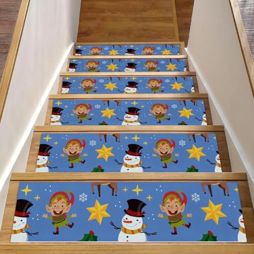 RODAILYCAY Tappeto per scale, 15 pezzi, 20,3 x 76,2 cm, per gradini in legno, per interni, Natale, pupazzo di neve, renna, campane, antiscivolo, per bambini, anziani, animali domestici