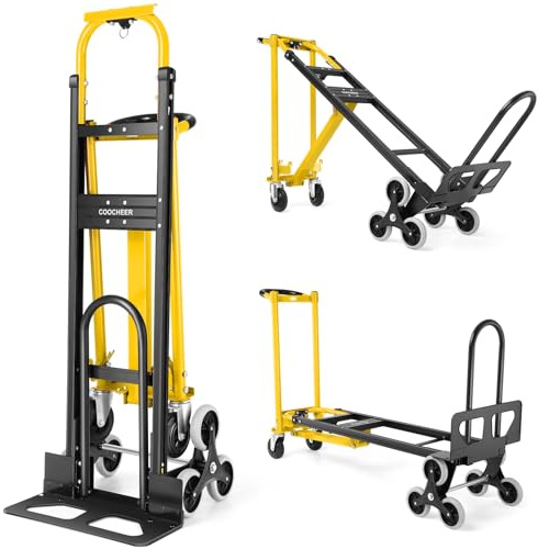 1000LBS Heavy Duty Aluminum Stair Climbing Dolly, 3 in 1 Convertible Hand Truck, Folding Hand Truck Dolly Cart with Solid Wheels for Moving/Travel/Office (Yellow)