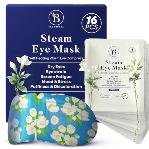 Pack med 16 värmande ögonmasker med jasmin – ångande värmande ögonmask för avkoppling, torra ögonlappar, ögonpåsar och trötthet – engångsvärmande kompresser för sömn och resor