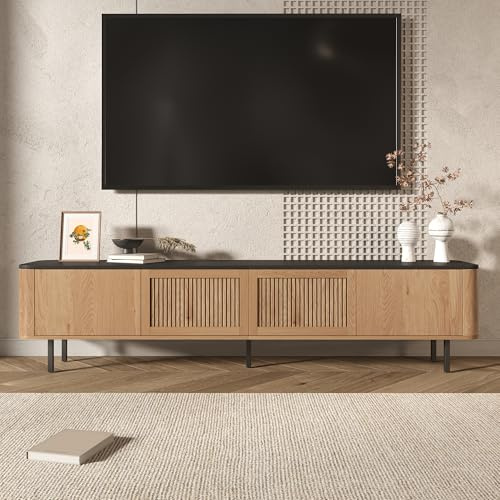 Jaxenor 190cm TV Lowboard mit Gittertür-Design, TV Schrank mit Großer Stauraum, Fernsehschrank mit Eisenbeine, TV Board, Fernseher Schrank für Wohnzimmer, Hobbyraum und Arbeitszimmer, Eichenholzfarbe
