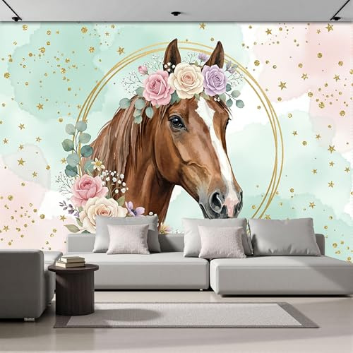 ZISTRCBAO Fotomurales Caballo Marrón Corona De Rosas 200x140cm, Papel Tapiz Fotográfico Seda Elegante Animal En Acuarela, Verde Claro Decoración De Pared Sala Cuarto Oficina Salón