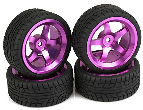 Mxfans RC 1:10 On-Road Racing Car Plastic Drift Tires with Purple Aluminum Alloy 5-Spoke Wheel Rim Set of 4