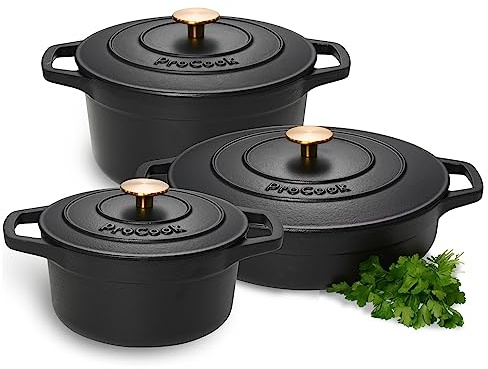 ProCook Enamel Dutch Oven Set with Lids - 3 Piece, Round Cast Iron Casserole Dishes - Black, Induction Compatible Cookware