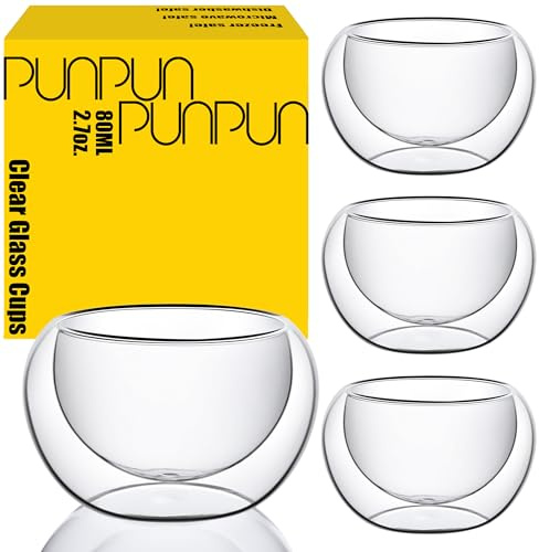 PunPun 2.7oz. 80ml Double Wall Borosilicate Glass Tea Cups Espresso Cups Heatproof Insulating Teacups glass Set of 4