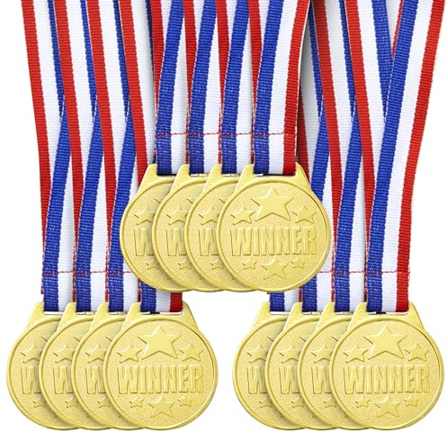 Juvale Medals for Awards & Trophies - Award Ribbons & Prizes for Adults - 12 Pack, 1.5-Inch Gold Olympic Style with Red, White & Blue Neck Ribbons - Participation & Winner Medals for Kids