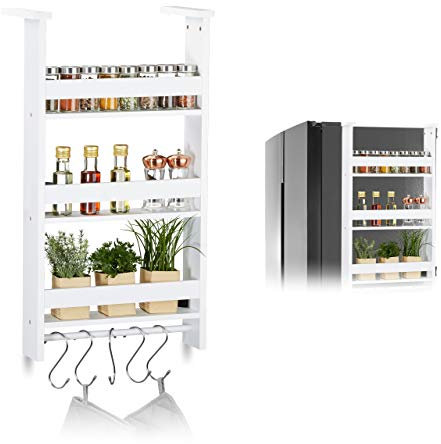 Relaxdays Hängeregal für Kühlschrank, Aufbewahrung von Gewürzen, mit Küchenreling & 5 Haken, MDF, HBT: 74x42x20 cm, weiß