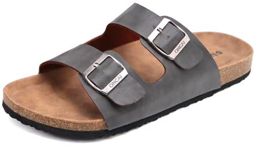 ONCAI Men's Slide Sandals Beach Lightweight Anti-skidding Flat Cork Sandals and Casual Slides with Two Adjustable Straps Grey Size 9