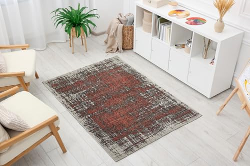 andiamo Vävmatta modern snygg matta med kort lugg robust och lätt att rengöra av 100% polypropen, lämplig för golvvärme och robotdammsugare, 133 x 190 cm, ränder grå korall