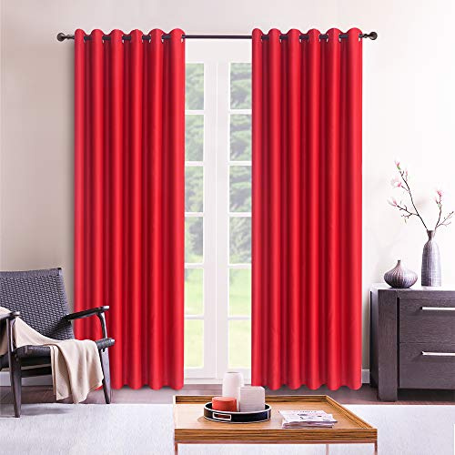 ROOEE Insulated Heavy Thick Thermal Blackout Curtains Eyelet Ring Top Pair – Ideal for Living Room, Bedroom, Guest Room and Kids Bedroom (Red, 46 Wide x 72 Drop)