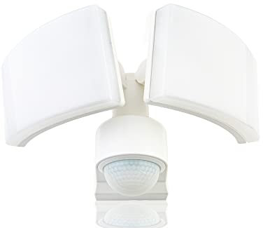 HUBER Projecteur LED avec détecteur de mouvement 360° 2 x 20 W 4400 lm – 3 capteurs, lentilles matricielles et limitation de zone, montage mural et en angle, IP65, blanc